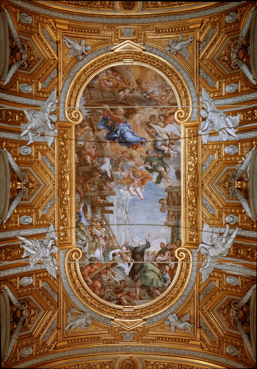 Dziewica objawia się św. Filipowi Neri (Filippo Neri) podczas budowy kościoła Widok na freski sklepienia Piotra z Cortony (Pietro da Cortona) (1596-1669) (Cud Madonny della Vallicella autorstwa Pietro da Cortony, fresk na suficie autorstwa Pietro da Cortona