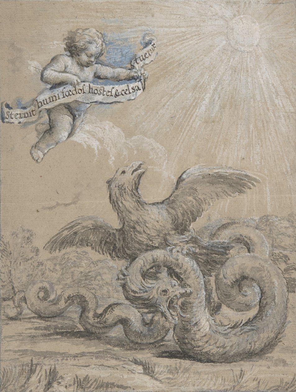 Projekt z orłem walczącym z wężem i putto w podniebnym gospodarstwie..., XVII wiek. autorstwa Pietro da Cortona