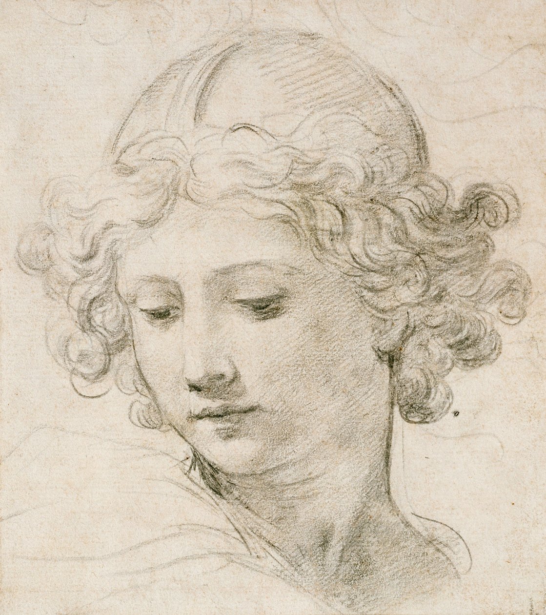 Głowa anioła, spoglądająca w dół w lewo autorstwa Pietro da Cortona