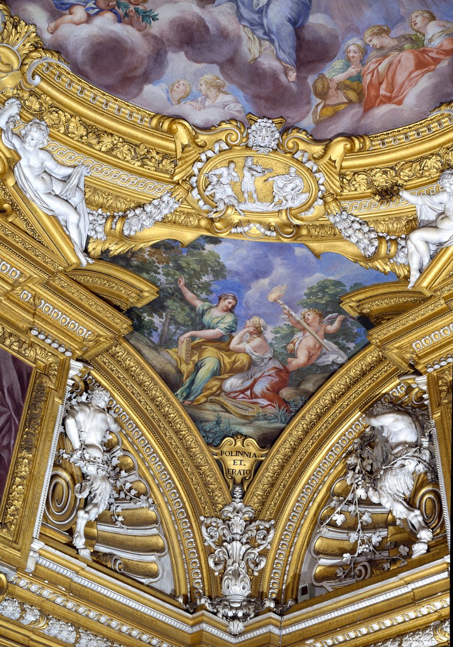 Sala di Apollo Sala Apollo detal pendentywny przedstawiający muzy Polihymnia i Erato, fresk z ok. 1647 r. autorstwa Pietro da Cortona