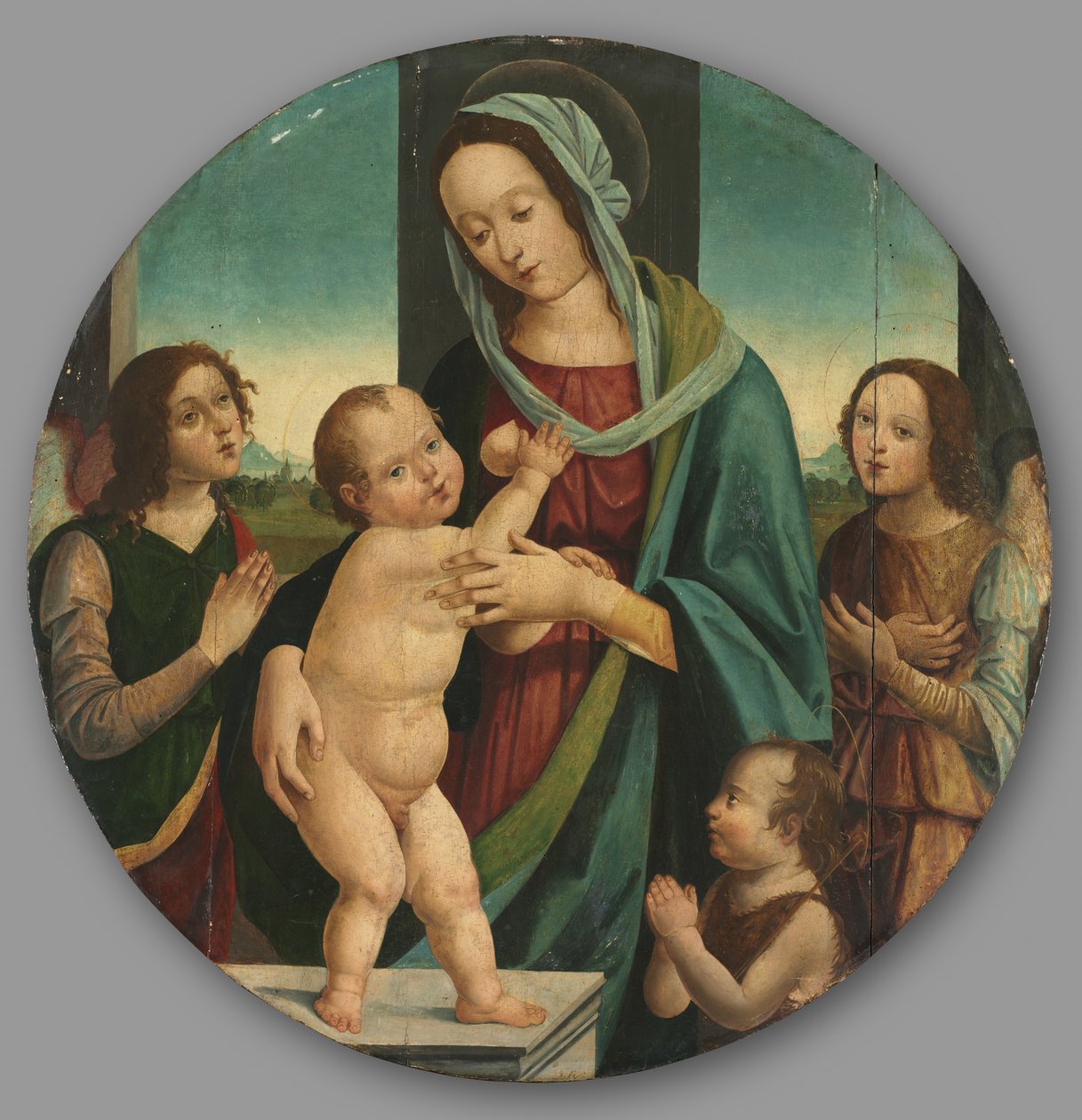Dziewica z Dzieciątkiem z Janem Chrzcicielem i aniołami, ok. 1500 (olej na drewnie) autorstwa Pietro del Donzello