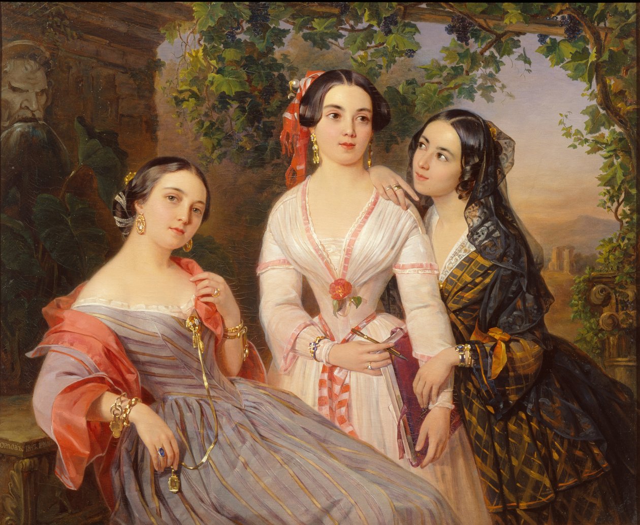 Portret sióstr hrabiów Elżbiety Salis de Tournemire, Sofii Suchowo-Kobaliny i Eudokii Pietrowo-Solowo, 1847 autorstwa Pimen Nikitich Orlov