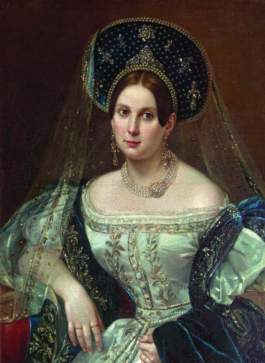 Portret kobiety w rosyjskim stroju dworskim, ok. 1835 autorstwa Pimen Nikitich Orlov