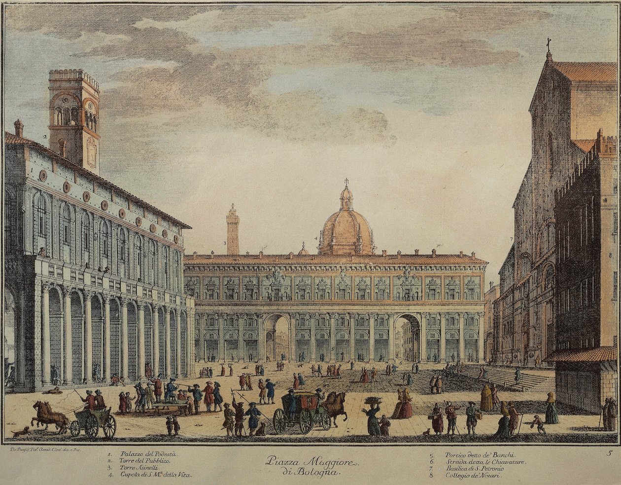 Włochy, Bolonia, Piazza Maggiore lub Piazza Grande, rycina Pio Panfili autorstwa Pio Panfili