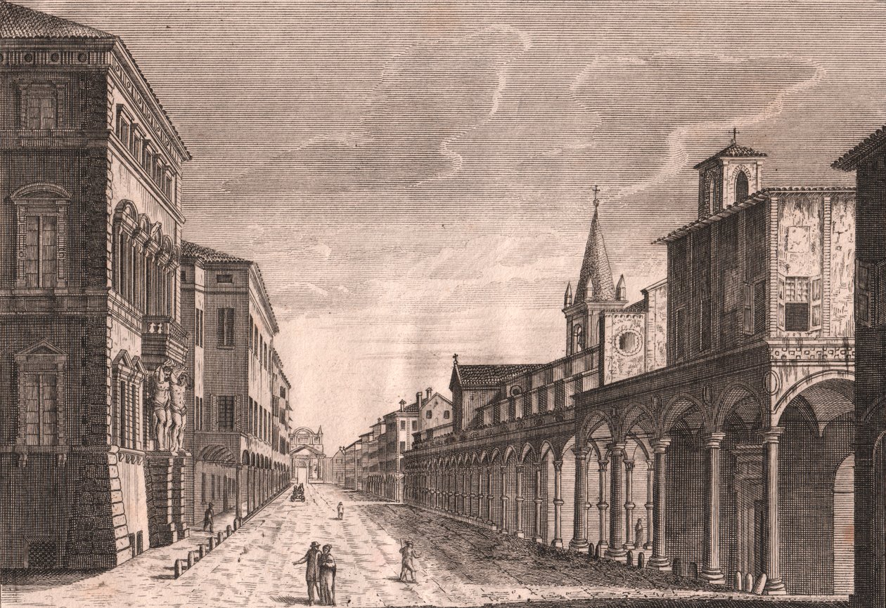 Widok Strada Maggiore w Bolonii, Emilia-Romania, Włochy, miedzioryt C Lambertiniego według rysunku Pio Panfili (1723-1812), ok. 13,5x19 cm autorstwa Pio Panfili