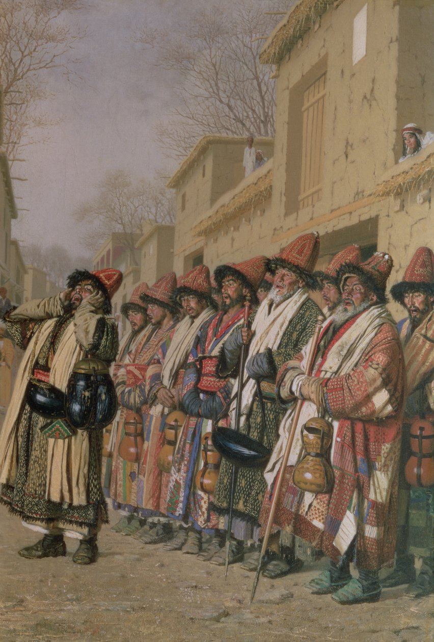 Chór Derwiszów błagający o jałmużnę w Taszkencie, 1870 r autorstwa Piotr Petrovitch Weretshchagin