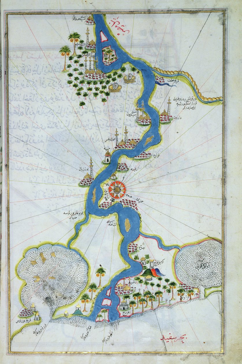 MS W.658 fol.304v Mapa Nilu z Kitab-I Bahriye (tempera, złoto i tusz na papierze) autorstwa Piri Reis