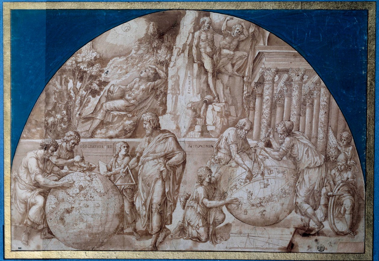Alegoria astronomii. Naukowcy dokonują pomiarów na kulach ziemskich. Rysunek brązowym tuszem autorstwa Pirro Ligorio (około 1500-1583) XVI-wieczny Paryż, Luwr autorstwa Pirro Ligorio