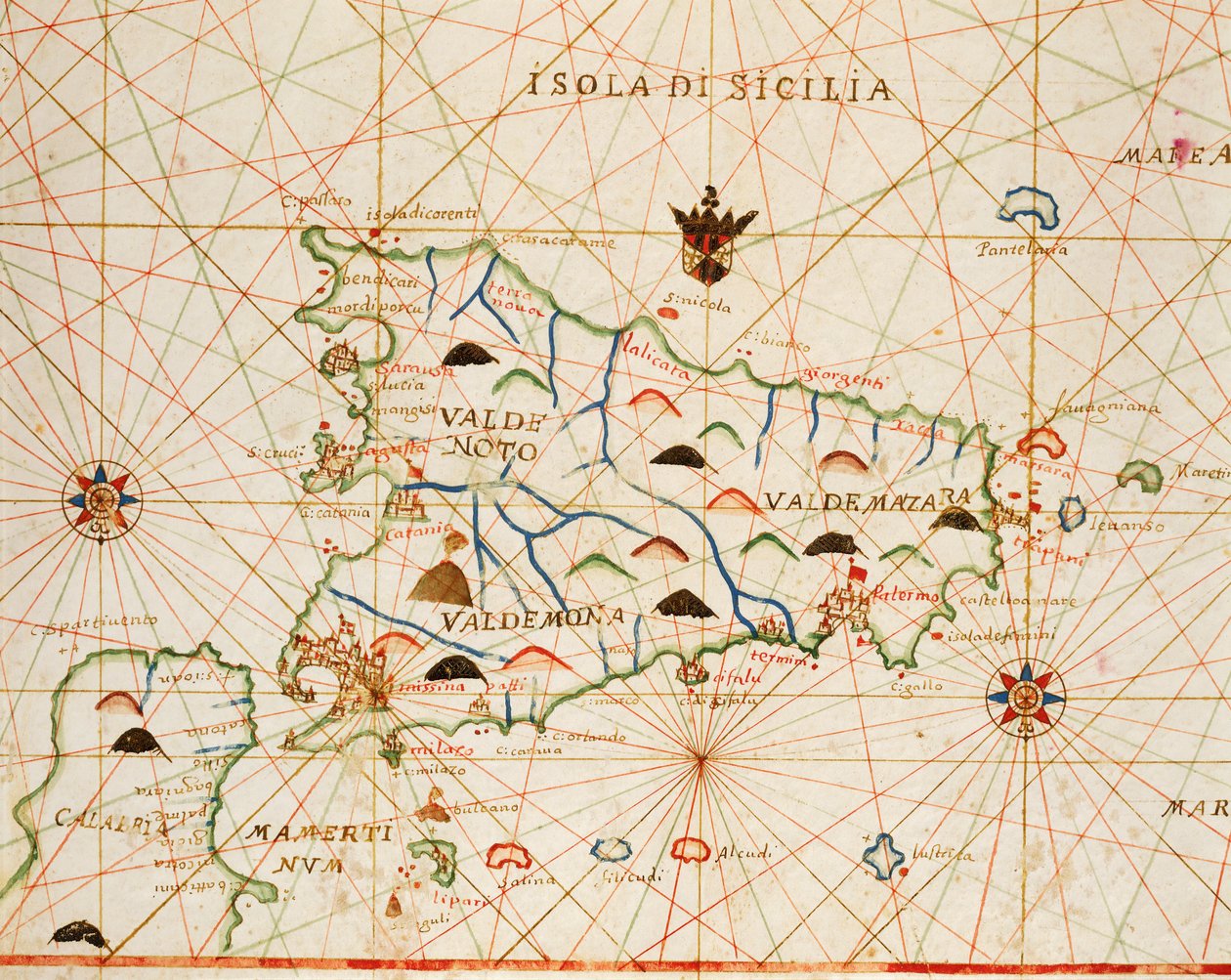 Sycylia z portolańskiego atlasu składającego się z sześciu map, autorstwa Placido Caloiro i Francesco Olivy, Pergamin. 1646. autorstwa Placido Caloiro e Oliva
