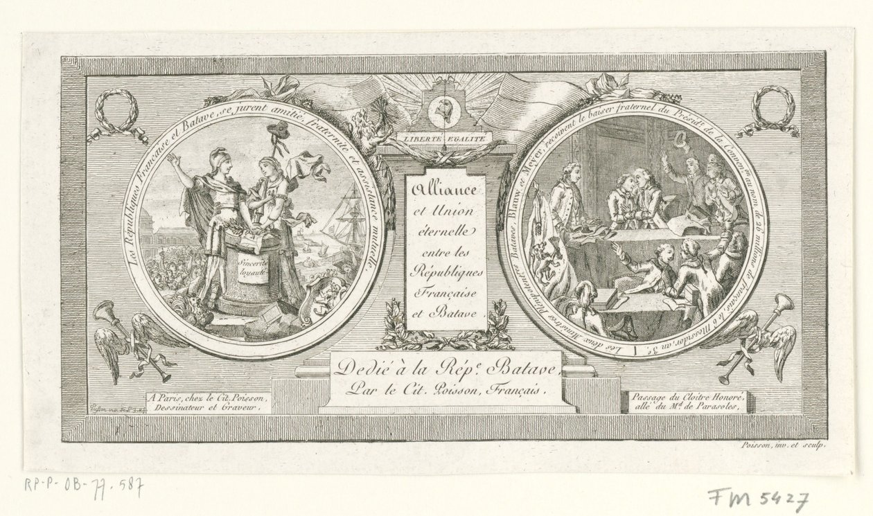 Medalion op de Alliantie tussen de Franse en de Bataafse Republieken, 1795 Sojusz i Wieczna Unia między republiką francuską i batawską (tytuł na obiekcie) autorstwa Poisson