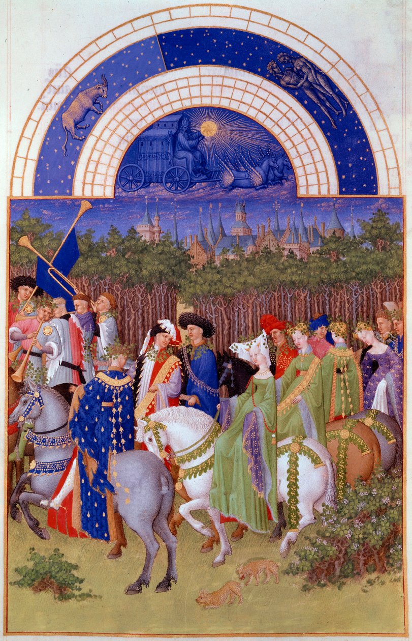 Orszak szlachty i muzyków na koniach, widok na Pałac Książęcy w Riom (?) i miesiąc maj. Miniatura flamandzka Pol De Limburg (XV wiek) z rękopisu „Bardzo bogate godziny księcia Berry” autorstwa Pol de Limbourg