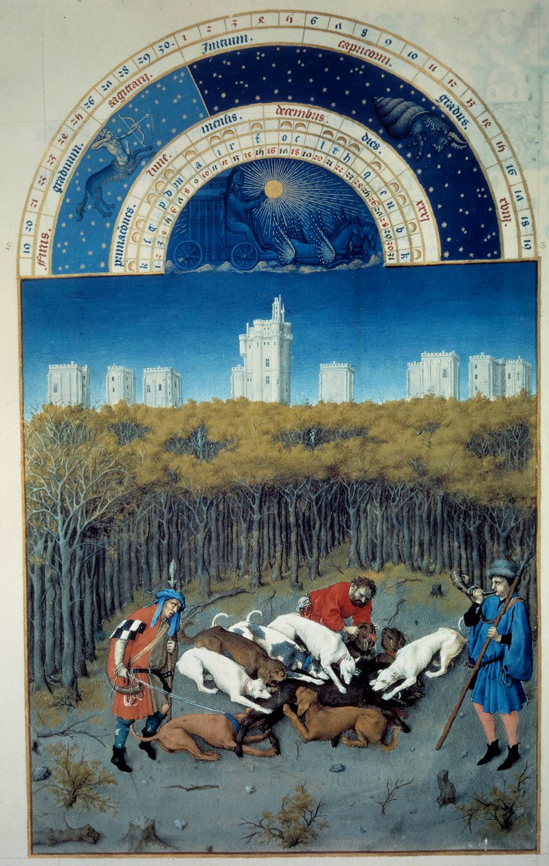 Grudzień: scena polowania. W tle miniatura flamandzka Vincennesa Pol De Limburg (XV w.) z rękopisu „Bardzo bogate godziny księcia Berry” autorstwa Pol de Limbourg