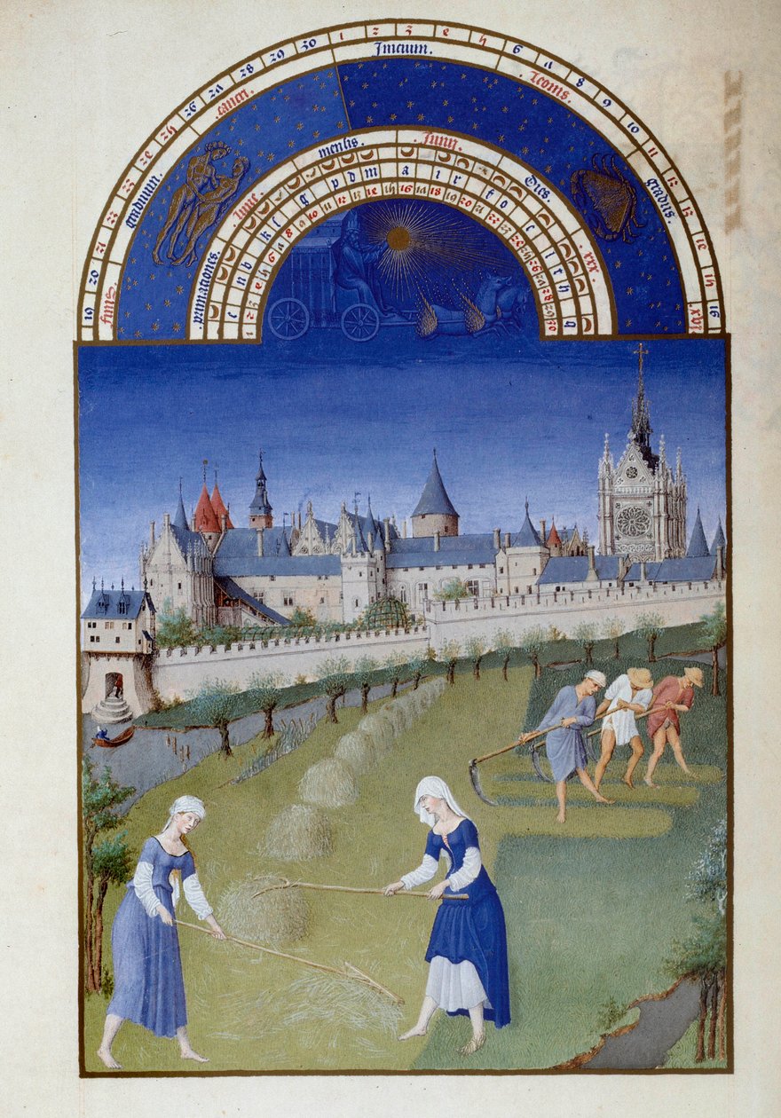 Czerwiec: siano. Z tyłu pałac Flamandzkiej Miniaturowej Kaplicy Świętej Pol de Limburg (XV w.) z rękopisu „Bardzo bogate godziny księcia Berry” autorstwa Pol de Limbourg