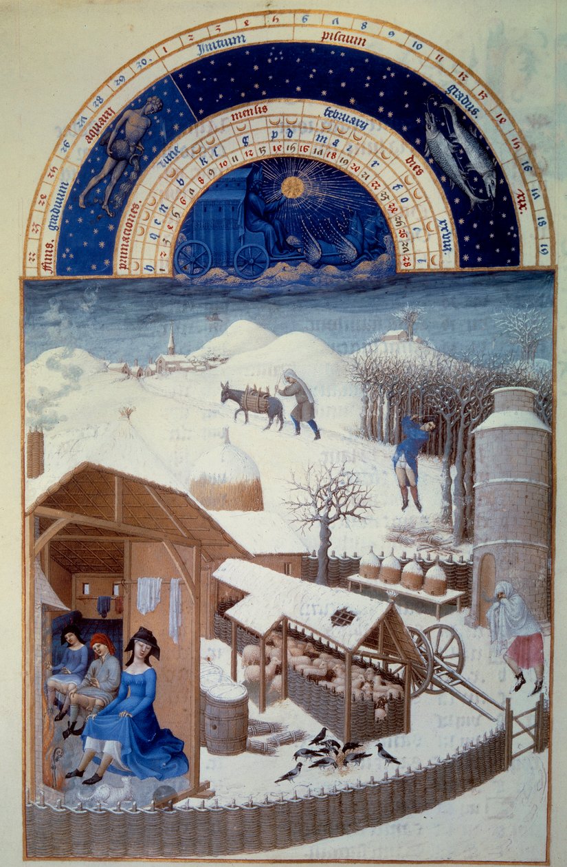 Miesiąc luty: śnieg Na pierwszym planie gospodarstwo z owczarnią, prace rolnicze, wycinka drzew - Miniatura w „Bardzo bogatych godzinach księcia Berry” Pol De Limburg (XV w.). Chantilly, Musee Conde – luty: Śnieg (scena na farmie autorstwa Pol de Limbourg