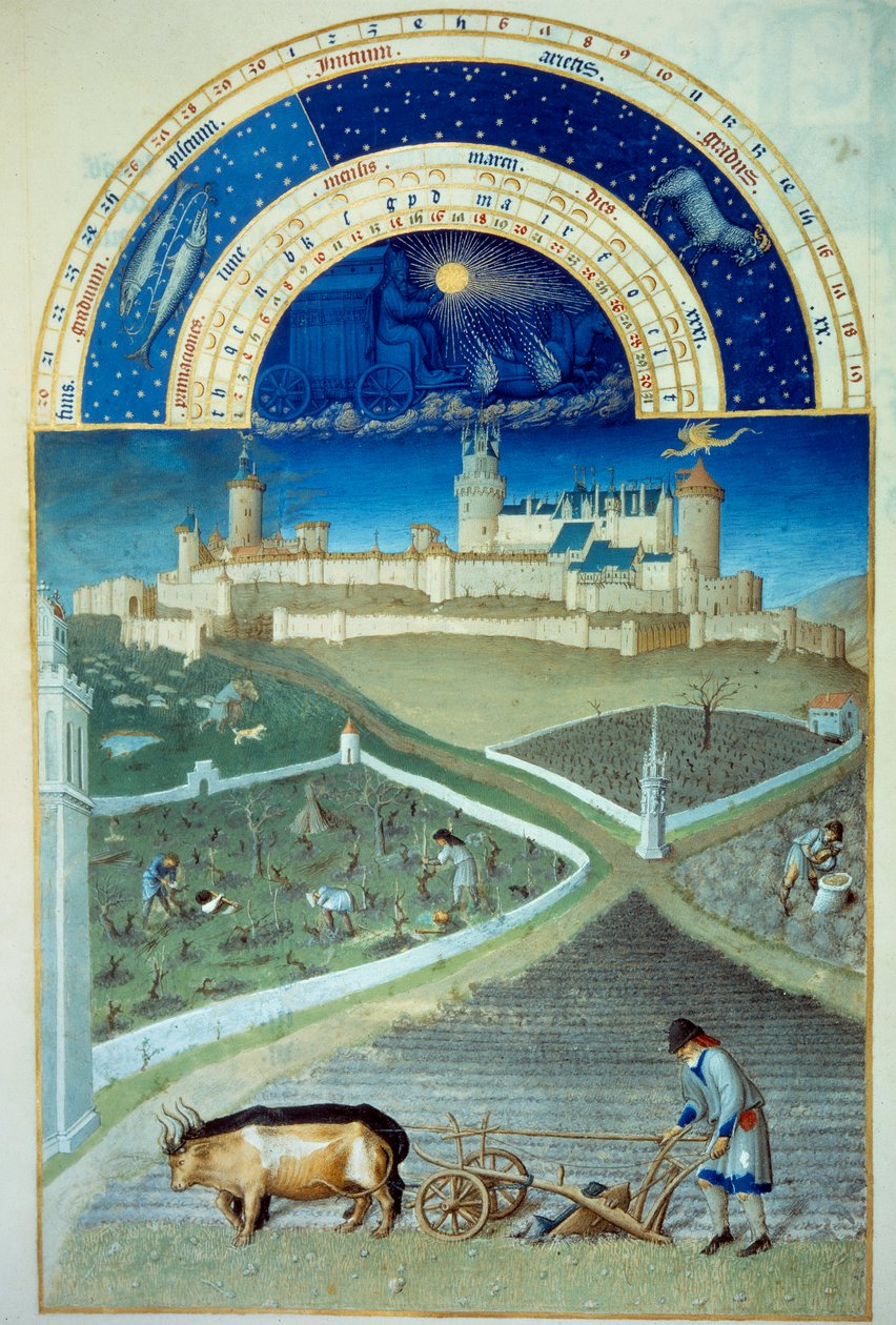 Miesiąc marzec: orka Na pierwszym planie praca rolnicza, chłopi orka pole, wielkość winorośli, na dole zamek Lusignan - Miniatura w „Les tres riches heures du Duke de Berry” Pol De Limburgia (XV wiek) - C autorstwa Pol de Limbourg
