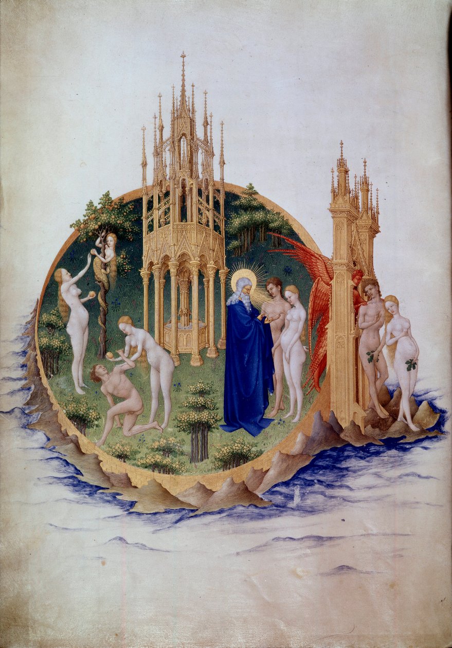 Grzech pierworodny, Adam i Ewa wygnani z Rajskiej Miniatury w „Bardzo bogatych godzinach księcia Berry” Pol De Limburg (XV w.). Chantilly, Musee Conde autorstwa Pol de Limbourg