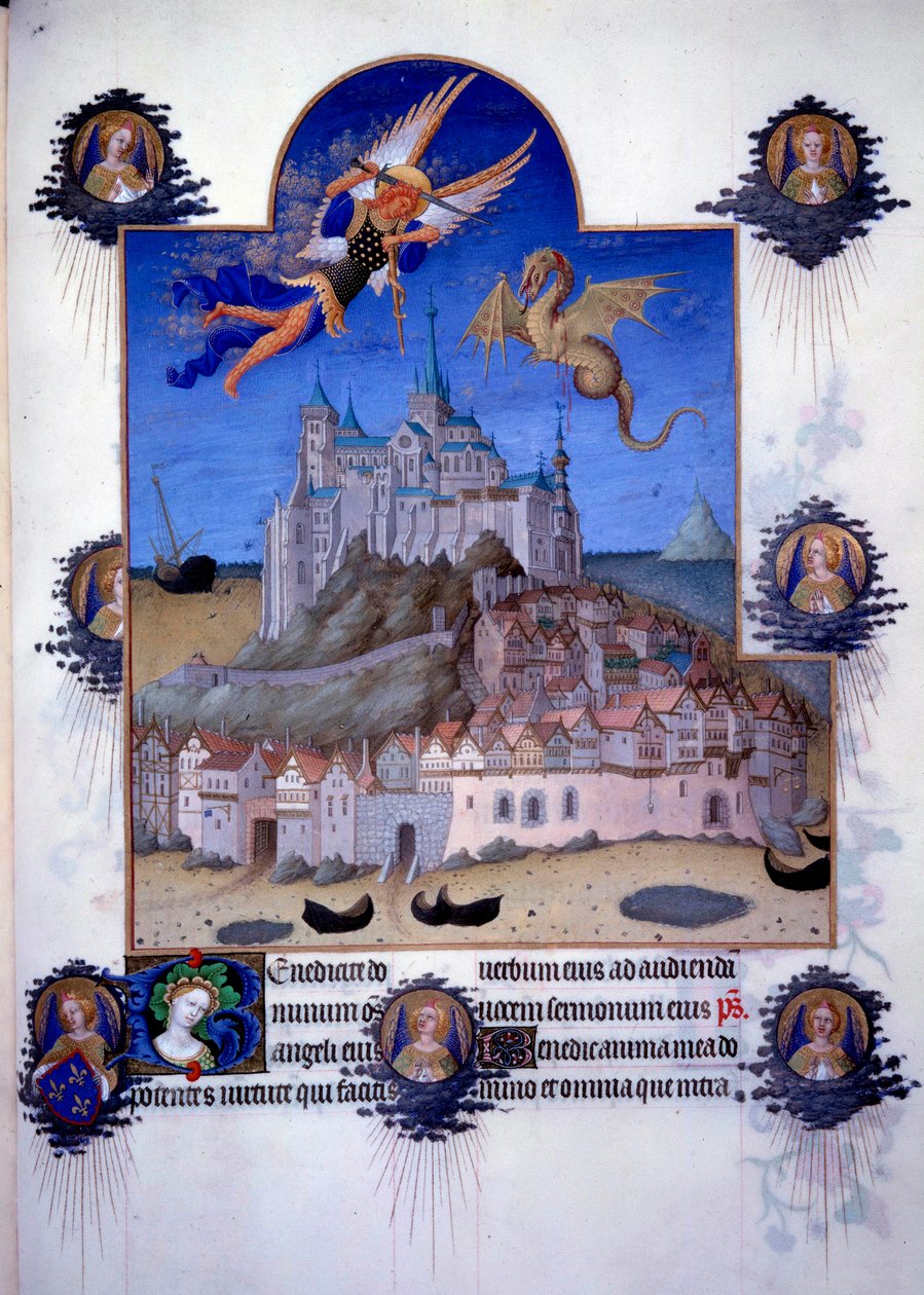 Widok na Mont Saint Michel (Mont-Saint-Michel): archanioł Saint Michel i skrzydło smoka są przedstawione w walce w powietrzu. Miniatura flamandzka z Pol de Limburg z „Księgi dobrych Maurów” Jacquesa Wielkiego (1360-1415/1418), dedykowana Janowi autorstwa Pol de Limbourg