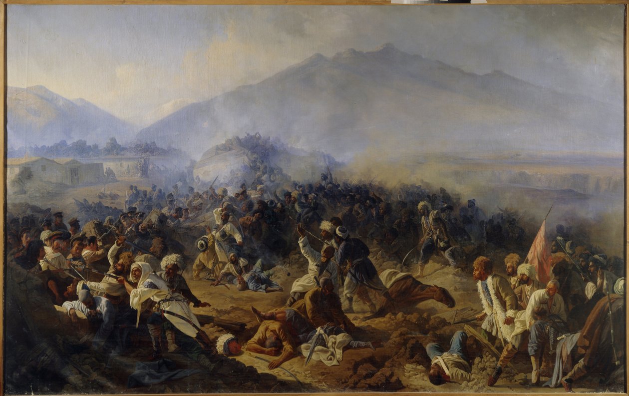 Oblężenie Achty w 1848 r. Scena walki w górach Północnego Kaukazu pomiędzy armią rosyjską a oddziałami Imama Szamila (Szamila) (1797-1871), który kierował swymi wojownikami w pragnieniu niepodległości i ze względów religijnych ( Święta wojna). Namalowany autorstwa Polidor Ivanovich Babaev
