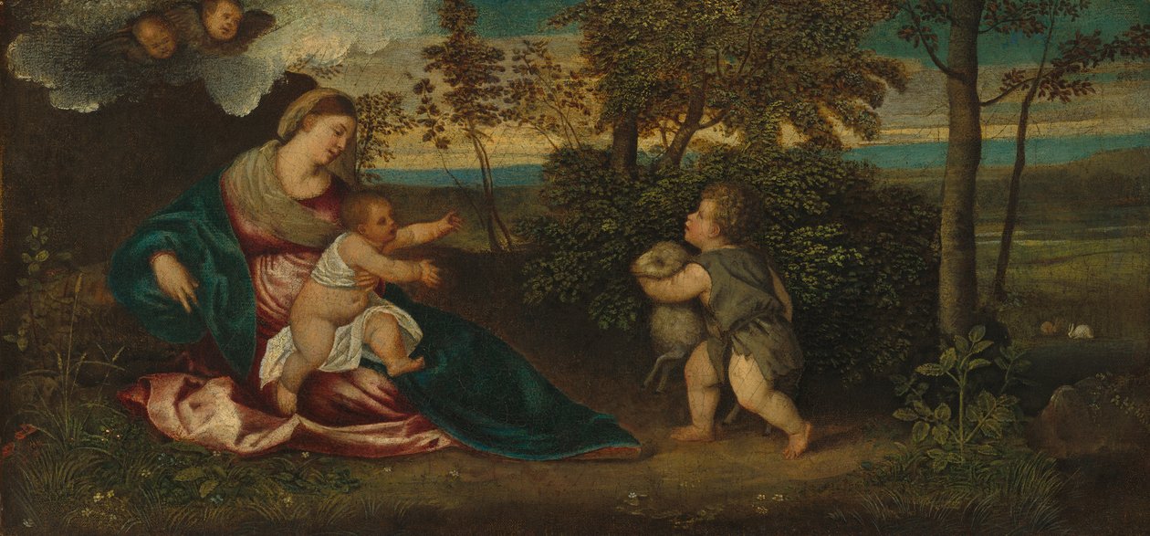Madonna z Dzieciątkiem i Dzieciątkiem Św. Jan w krajobrazie, 1540-50 autorstwa Polidoro Lanzani