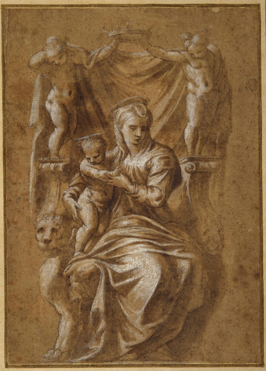 Madonna z Dzieciątkiem na tronie (pióro i brązowy atrament z kolorem ciała na papierze) autorstwa Polidoro da (follower of) Caravaggio