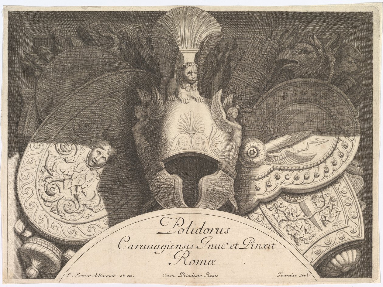 Trofea nurków Trofea broni po fasadzie Palazzo Milesi w Rzymie, 1651. Twórcy: Polidoro da Caravaggio, Rene Lochon. autorstwa Polidoro da Caravaggio