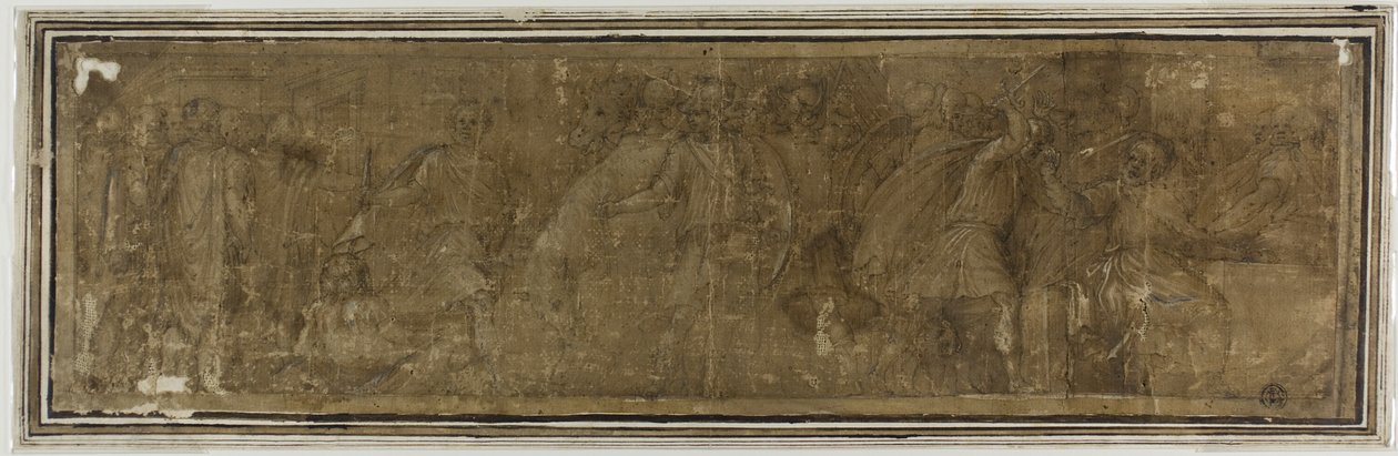 Mucius Scaevola przekracza Tyber, zamierzając zamordować Porsennę, ale zabijając swojego skarbnika przez pomyłkę autorstwa Polidoro da Caravaggio