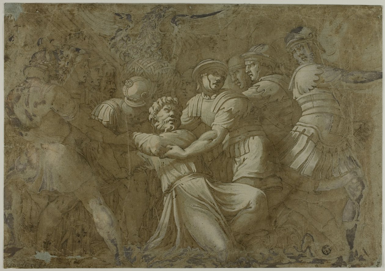 Rzymscy żołnierze aresztują św. Piotra (?) autorstwa Polidoro da Caravaggio