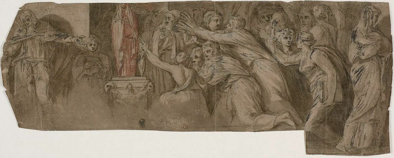 Historia Niobe: Kapłani i wierni przed posągiem Niobe autorstwa Polidoro da Caravaggio
