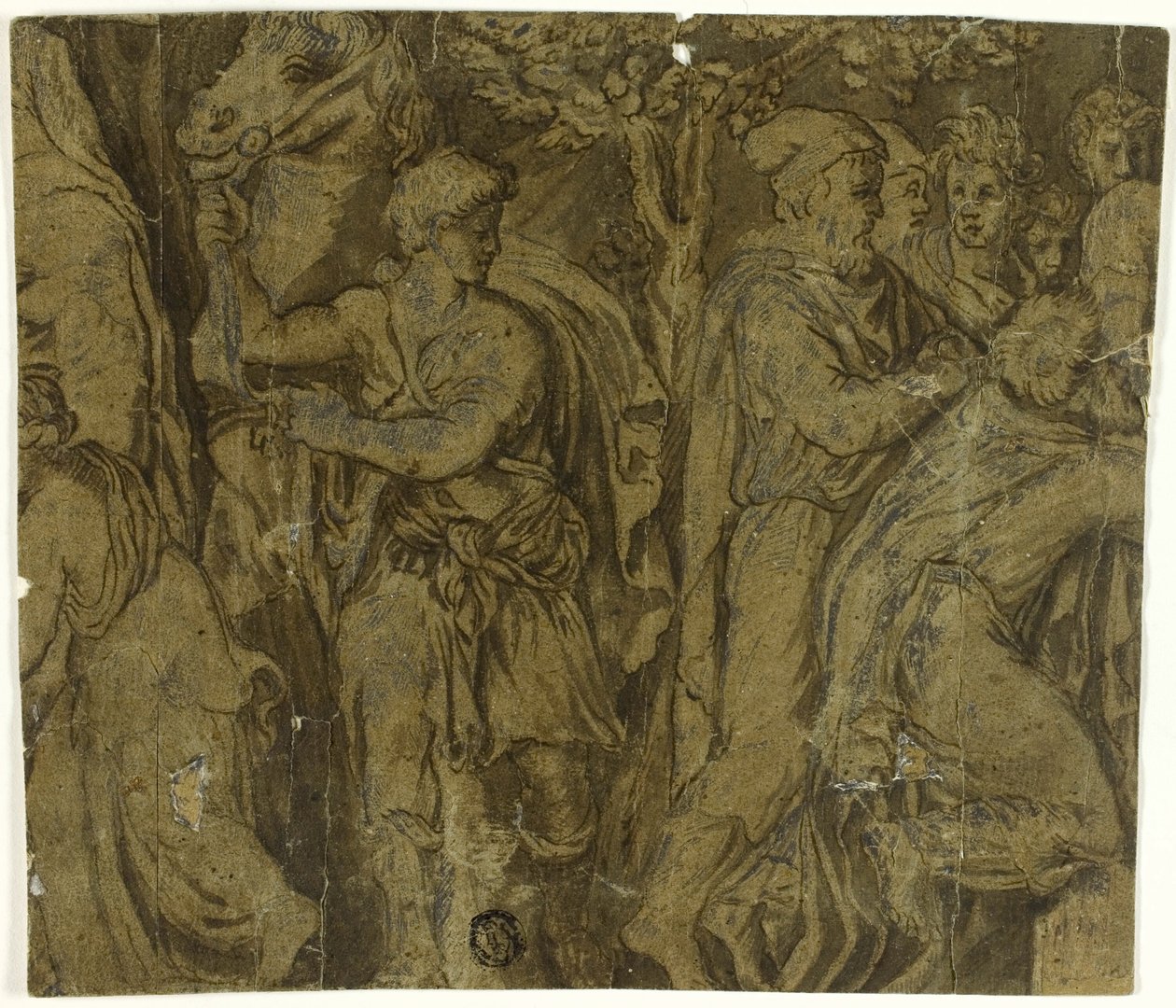 Historia Niobe: Młodzieniec z koniem; Czciciele autorstwa Polidoro da Caravaggio