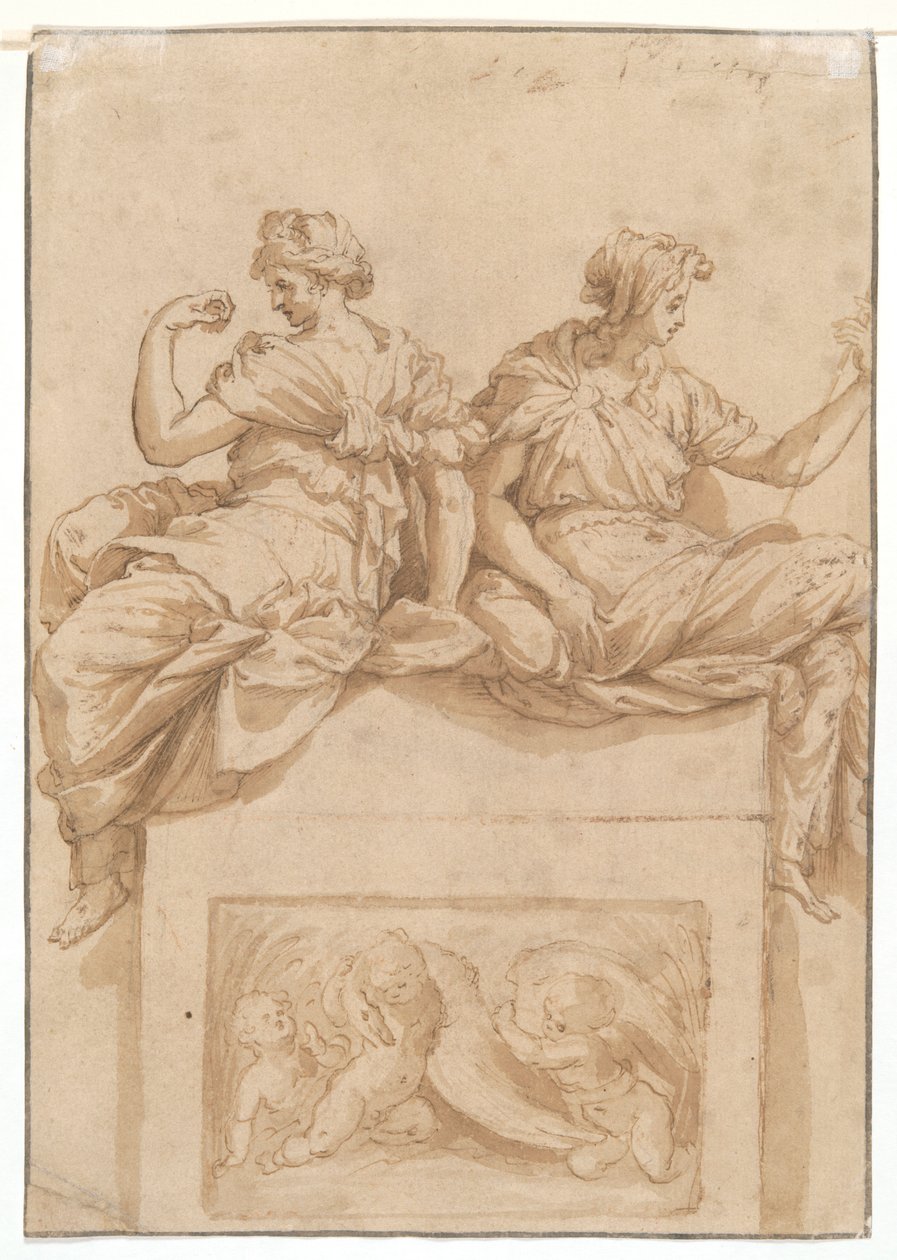 Studium siedzącego starca (recto); Kopia (nieznanego artysty) po opracowaniu Perino del Vaga dla Sala Paolina, Castel Sant autorstwa Polidoro da Caravaggio