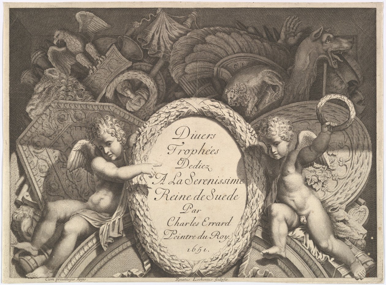 Strona tytułowa Trofeów broni Divers Trophées po fasadzie Palazzo Milesi w Rzymie, 1651 autorstwa Polidoro da Caravaggio