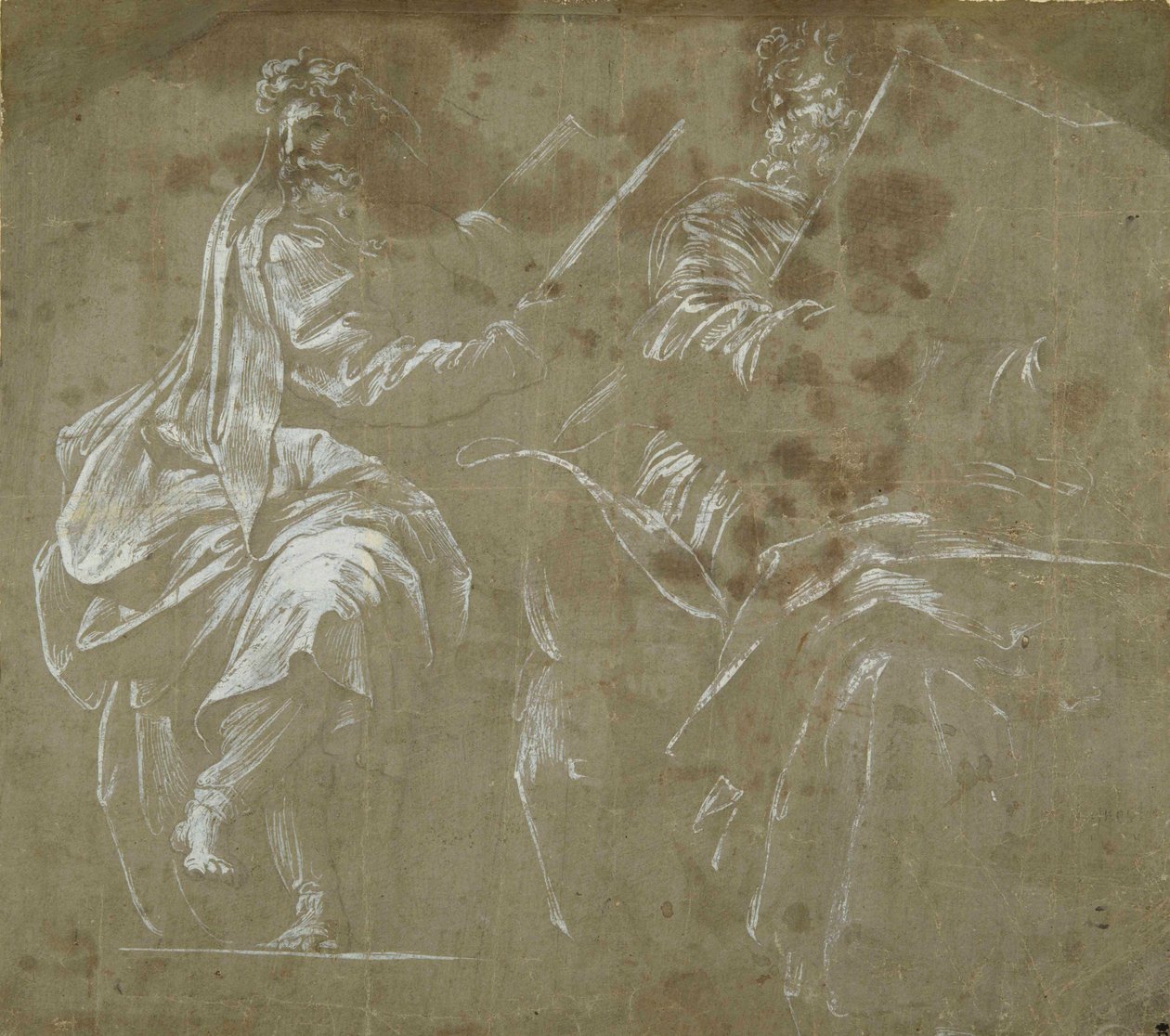 Dwóch brodatych proroków siedzących, trzymających otwarte księgi (biały kolor ciała na szarym papierze) autorstwa Polidoro da Caravaggio