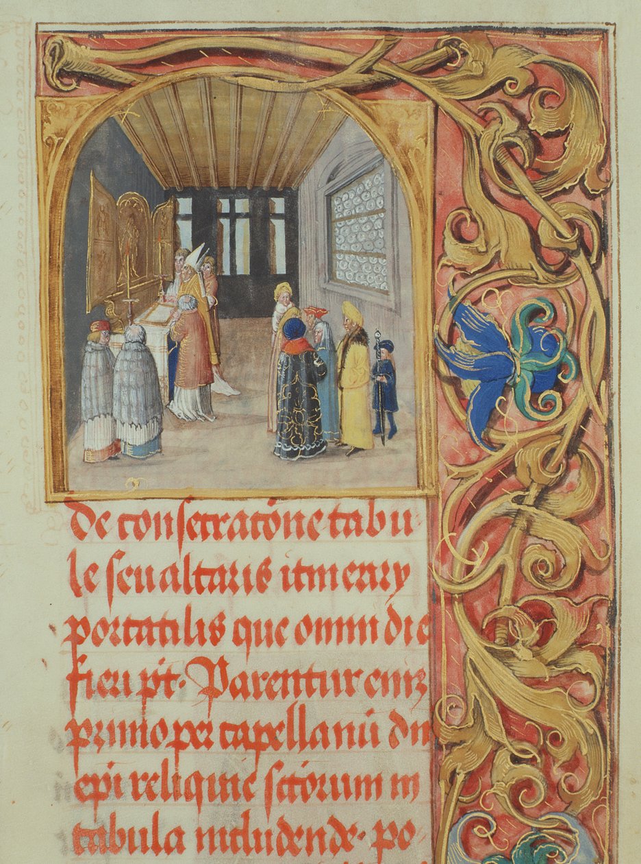 Konsekracja ołtarza przez biskupa przy pomocy kanoników i założycieli świeckich papieskiego biskupa Erazma Ciołka, ok. 1510 (tempera i złoto na pergaminie) autorstwa Polish School