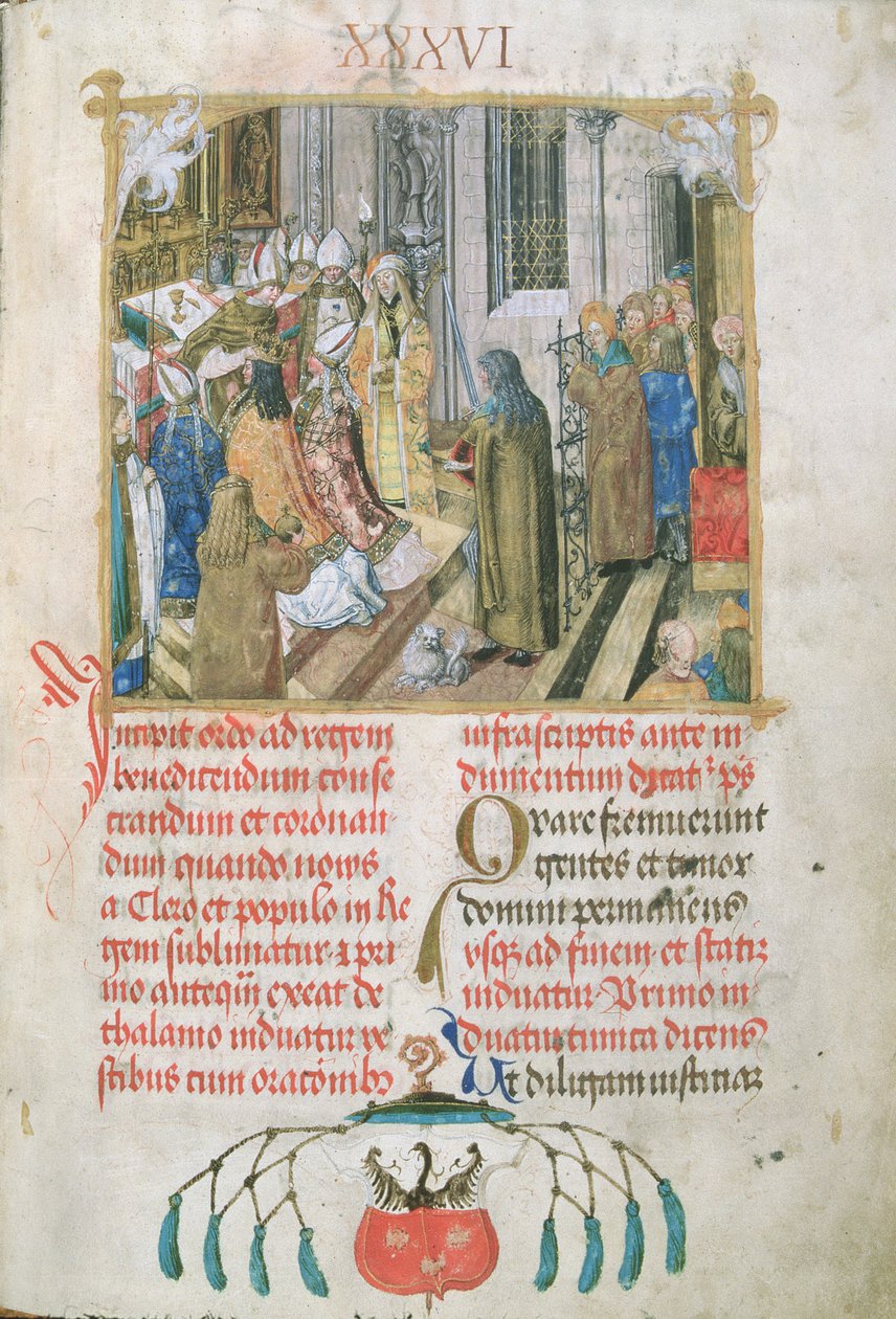 Koronacja Króla Polski wręczenie insygniów władzy od Biskupa Erazma Ciołka, ok. 1510 (tempera i złoto na pergaminie) autorstwa Polish School