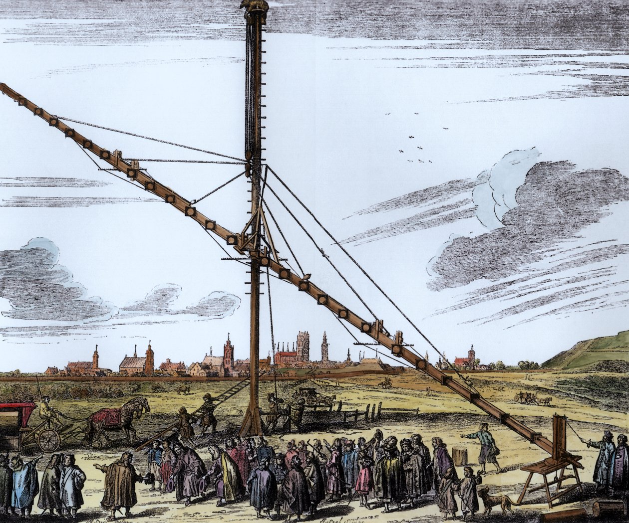 Wielki Teleskop Astronomiczny Jana Heweliusza (1611-1687) ilustracja z Machina Coelestis autorstwa Heweliusza, Gdańsk, publikacja 1670 (późniejsze zabarwienie) autorstwa Polish School