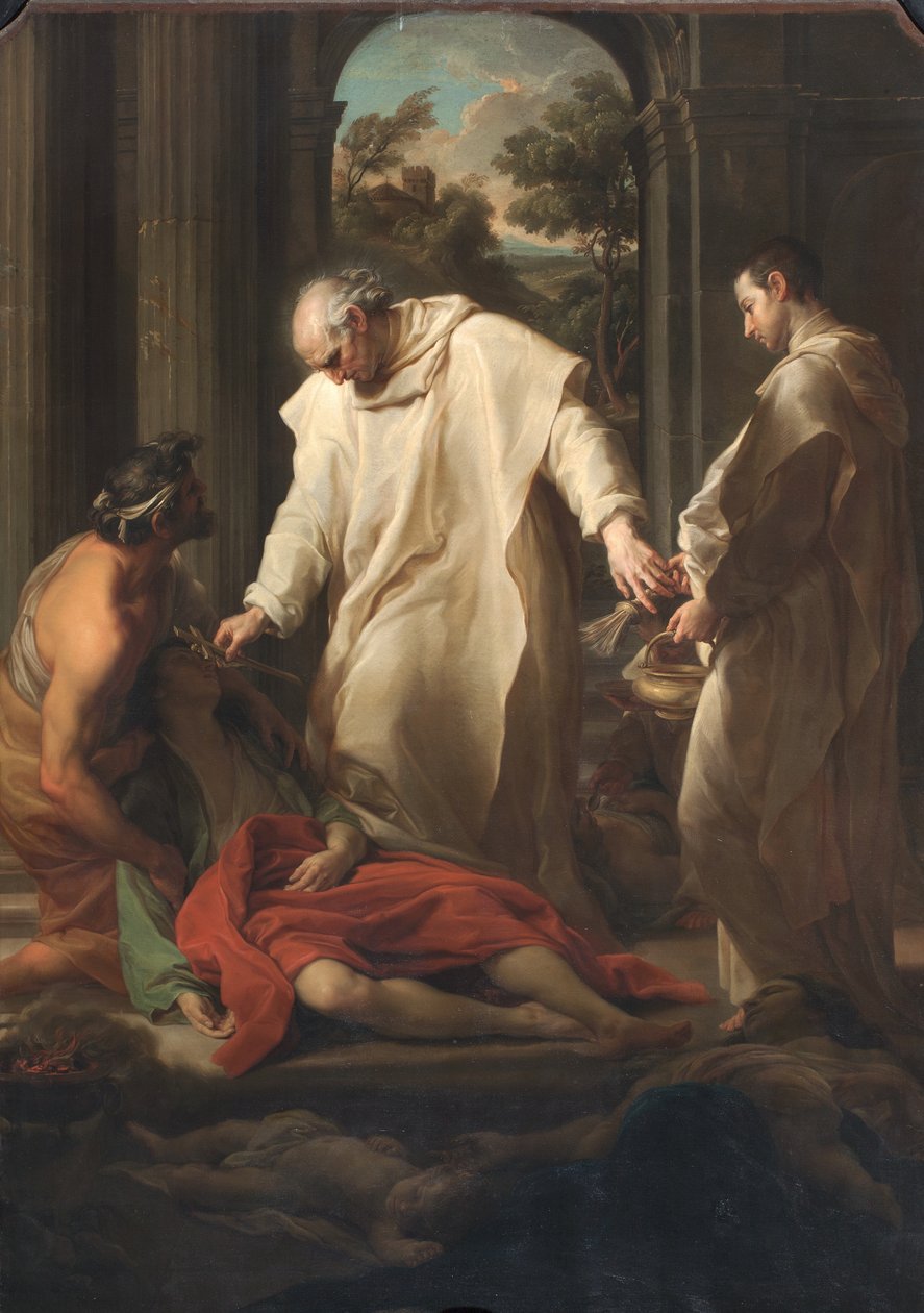 Błogosławiony Bernardo Tolomei pomaga ofiarom zarazy, 1745 autorstwa Pompeo Girolamo Batoni