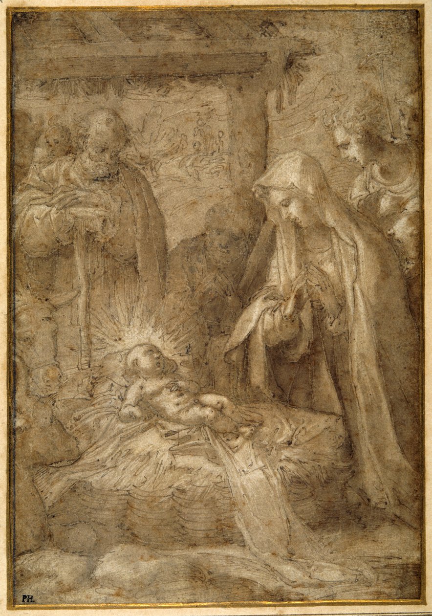 Adoracja pasterzy (metalpoint, długopis & tusz z wash i gwasz na papierze) autorstwa Pompeo (fl.1569 71) (attr. to) Cesura