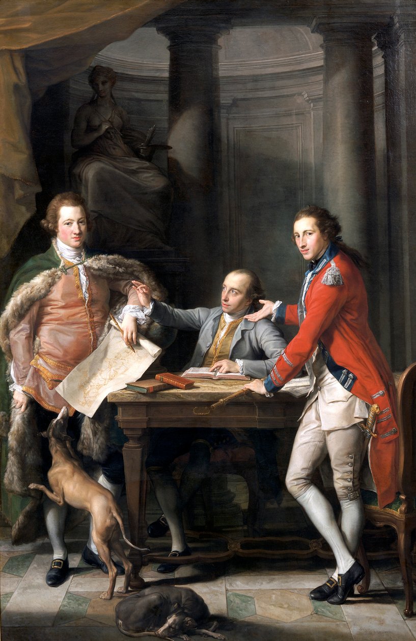„Sir Watkin Williams Wynn, Thomas Apperley i kapitan Edward Hamilton”, 1768-72 autorstwa Pompeo Batoni
