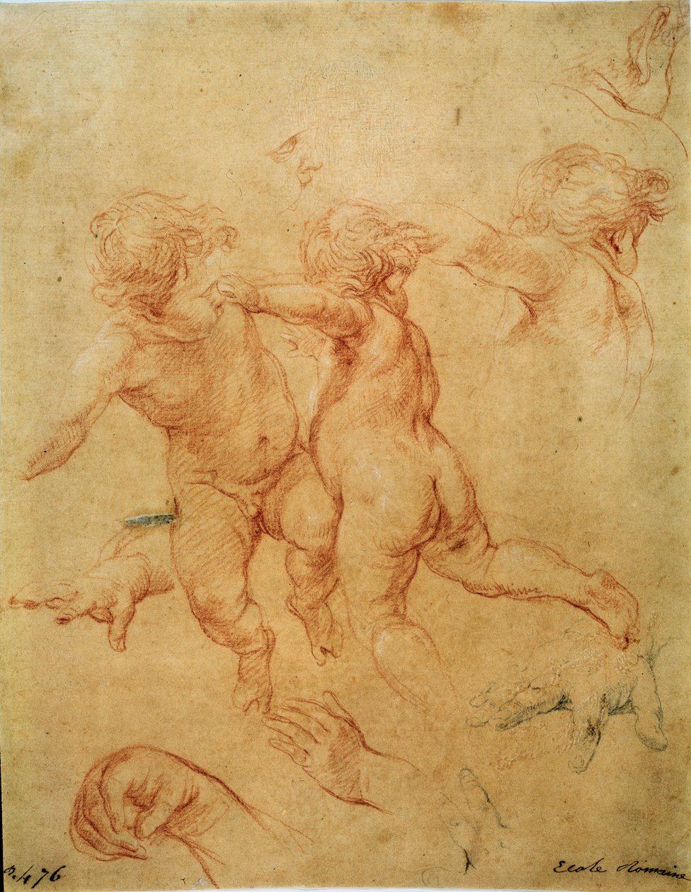 Dwa latające putta, studium, lata czterdzieste XVIII wieku autorstwa Pompeo Batoni