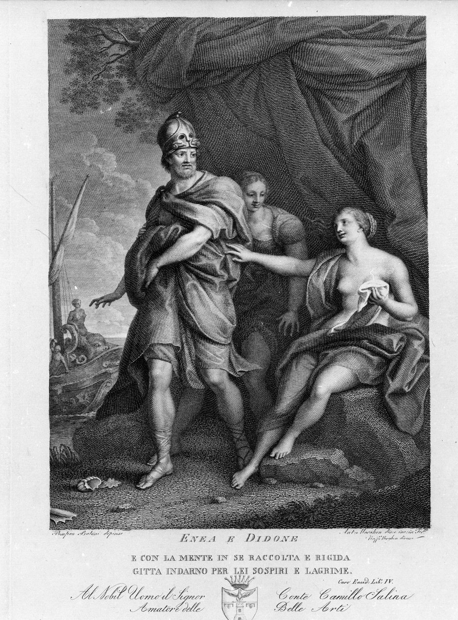 Eneide de Virgil (70 pne-19 pne), księga IV, bohaterowie trojańscy Enee porzuca Didona, który desperacko popełni samobójstwo. Grawer według obrazu Pompeo Batoniego (1708-1787) autorstwa Pompeo Girolamo (after) Batoni