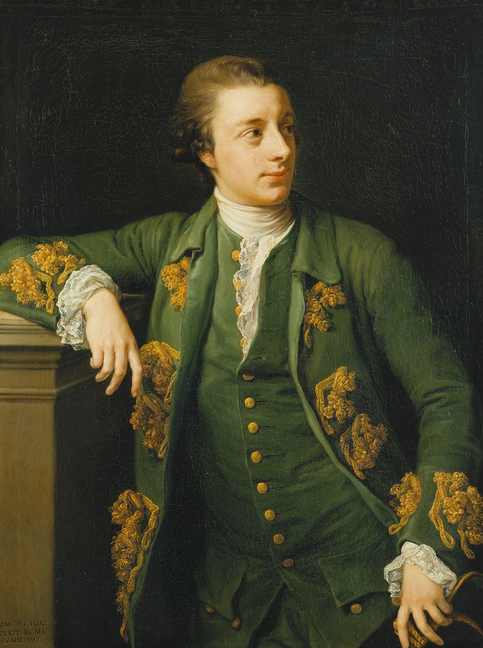 Portret Thomasa Fortescue, posła, stojącego, długości trzech czwartych, ubranego w zielony płaszcz i kamizelkę, opartego na prawym ramieniu na piedestale i trzymającego w lewej ręce kapelusz z trójrożcem, 1767 autorstwa Pompeo Girolamo Batoni
