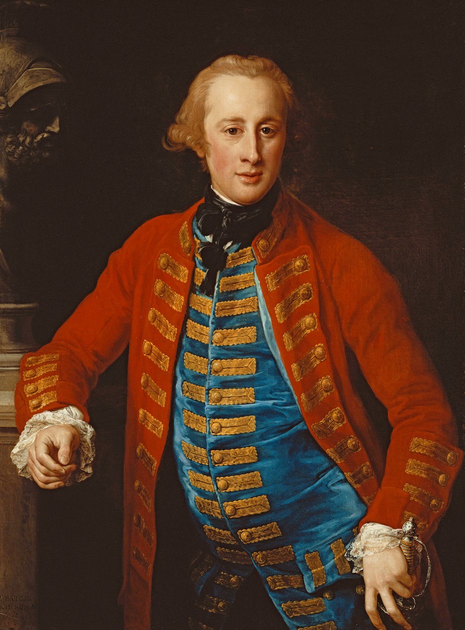 Portret oficera kawalerii w stroju wychodzącym, długości trzech czwartych, opartego o postument nad popiersiem Marsa, 1774 autorstwa Pompeo Girolamo Batoni