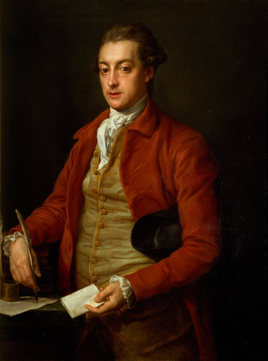 Portret Hon. Lionel Damer, do połowy długości w czerwonym płaszczu z szarą kamizelką i białym krawatem, trzymający papier i gęsie pióro (olej na płótnie) autorstwa Pompeo Girolamo Batoni