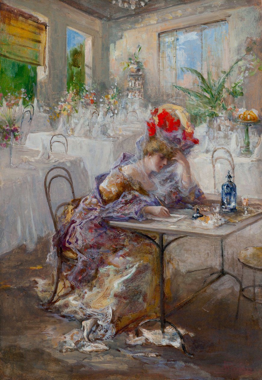 List (lub Pani w kawiarni) par Mariani, Pompeo (1857-1927). Olej na tekturze, rozmiar: 49x34 autorstwa Pompeo Mariani