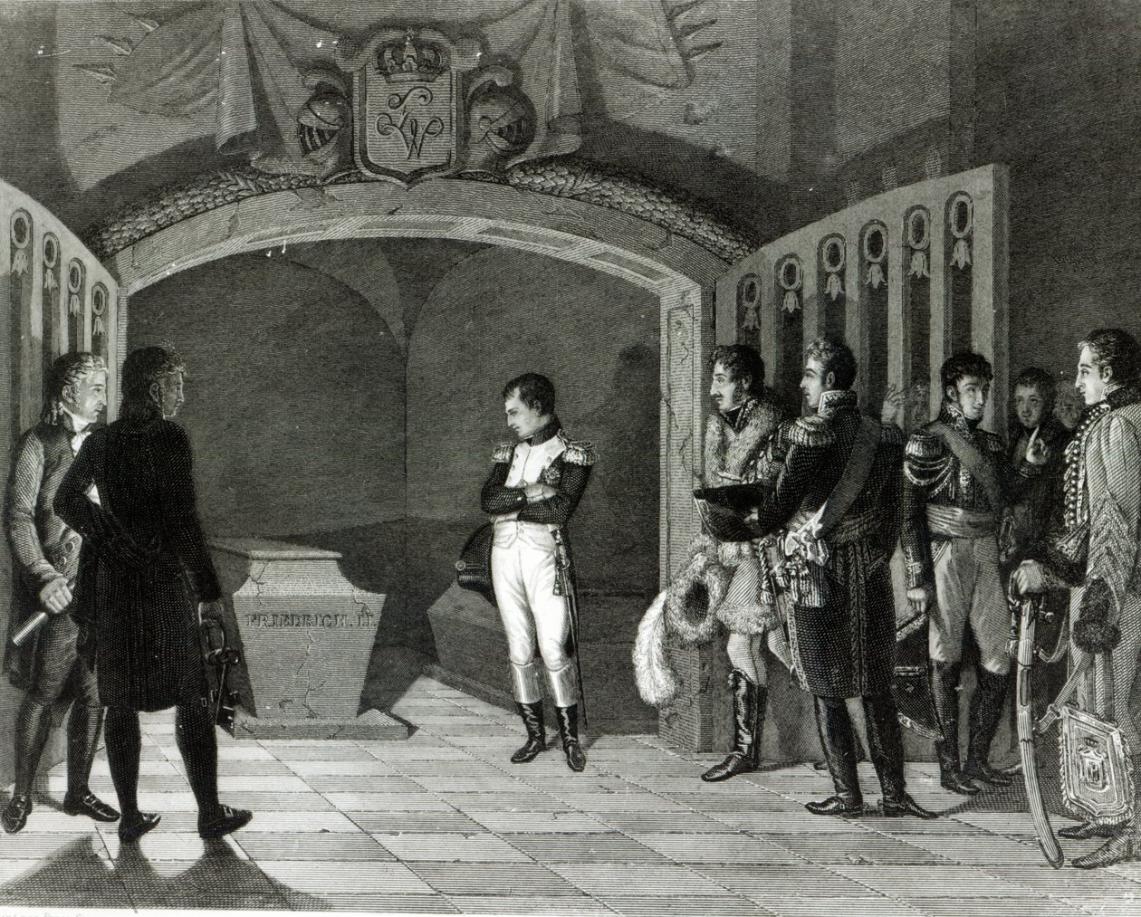 Napoleon medytujący przed grobem Fryderyka II Pruskiego w krypcie Garnisonkirche w Poczdamie, ok.1810 autorstwa Ponce Camus. Marie Nicholas
