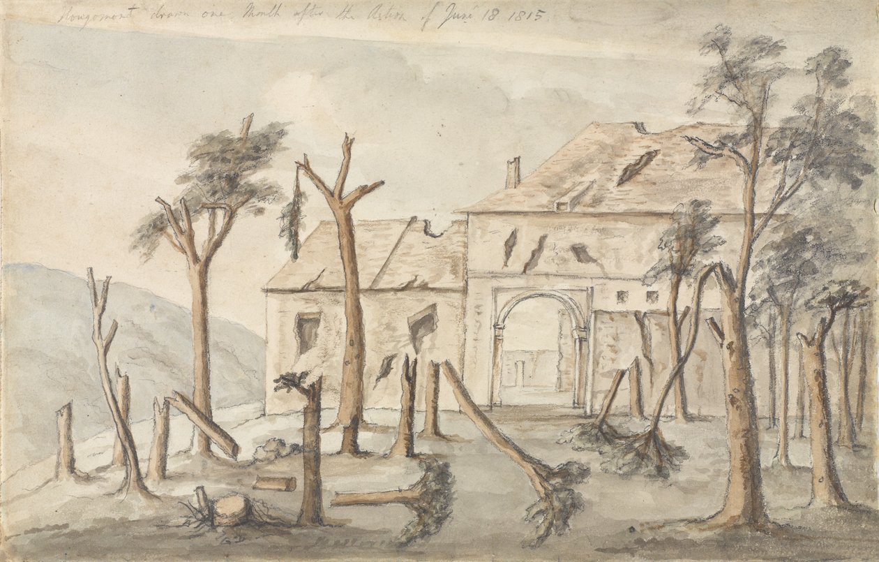 Hougoumont narysowany miesiąc po Akcji 18 czerwca 1815, lipiec 1815 (ołówek i wc na papierze) autorstwa Ponsonby