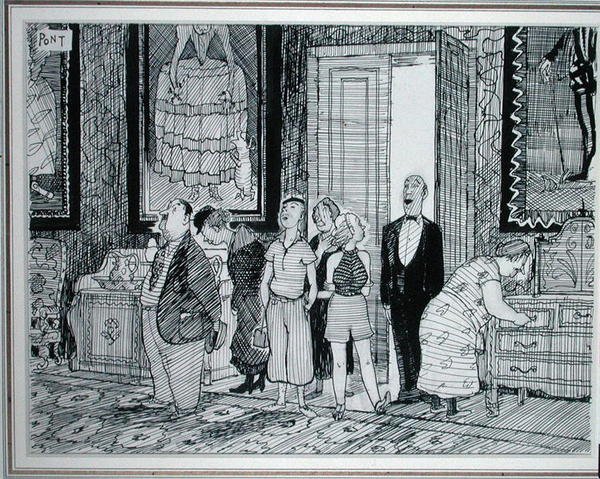 The British Character: żywe zainteresowanie zabytkowymi domami, ilustracja z Punch, opublikowana 8 lipca 1936 r. (pióro i tusz na papierze) autorstwa Pont