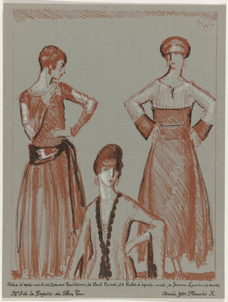 Gazette du Bon Ton, 1921 - nr 3, plac X: Popołudniowa sukienka i dopasowany garnitur, Paul Poiret i popołudniowa sukienka, Jeanne Lanvin (tytuł na obiekcie) autorstwa Porter Woodruff