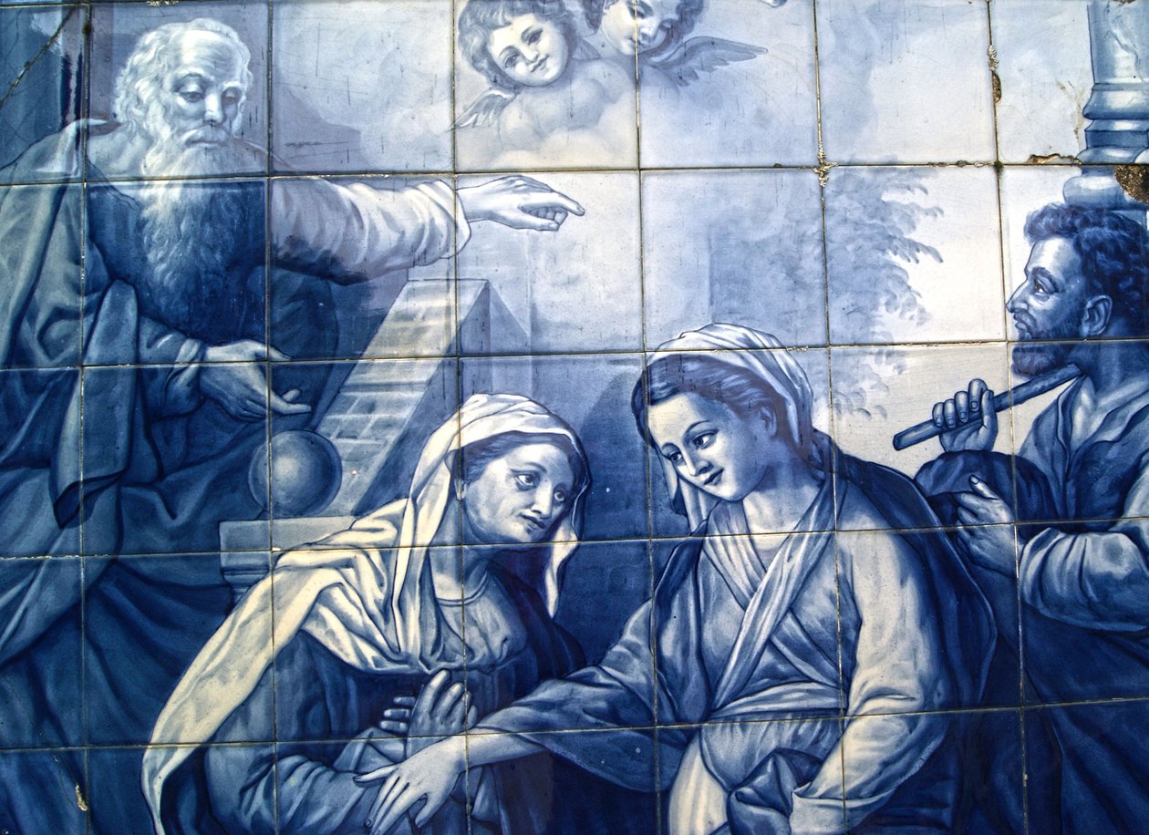 Panel dekoracyjny przedstawiający Maryję i Józefa przybywających do Gospody, Lamego, Portugalia. 1738 (płytki ceramiczne) autorstwa Portuguese School
