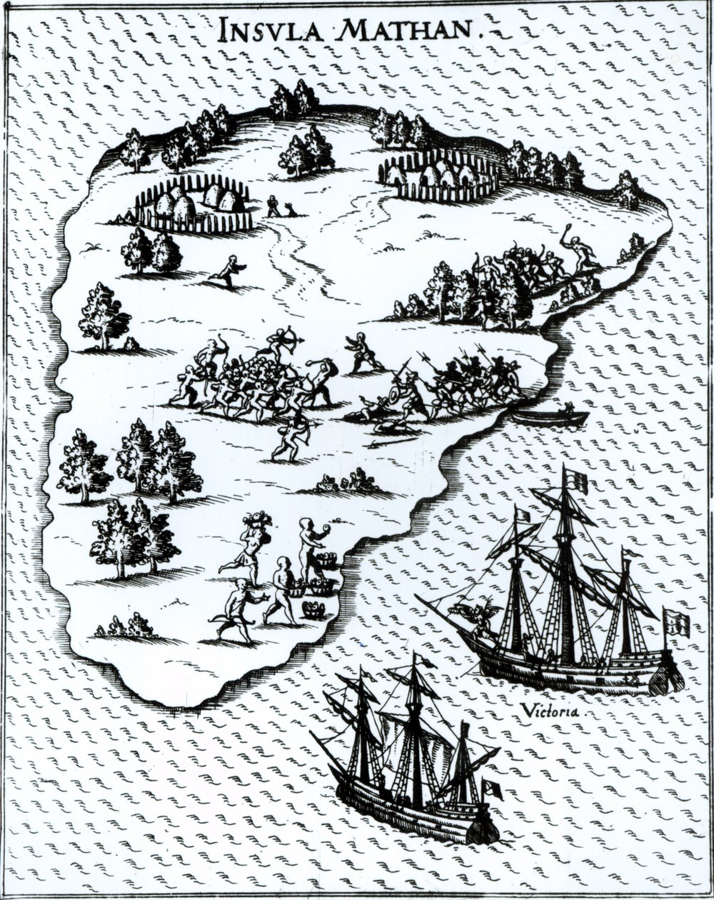Ferdinand Magellan (ok. 1480-1521) walczący z tubylcami na wyspie Mactan w 1521 r. autorstwa Portuguese School